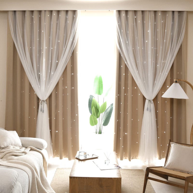 Kinryb Blackout Curtains for Girl Bedroom/Living Room/Classroom, Sheer Overlay 63 Inches 2 Panel Set, Double Layer Curtains with Star Cutout for Kids Room(W 52 x L 63 Inches,Beige 2 Pcs) - Image 2